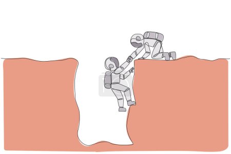 Single one line drawing young astronaut helps colleague climbing a wide hole. Teamwork helps colleague who fallen. Inviting success together. Cohesive. Continuous line design graphic illustration