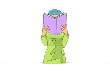 Ligne unique dessin continu femme arabe lire sérieusement livre jusqu'à couvrir le visage. Nerveux face aux examens finaux. Essaie de te concentrer. Lecture augmenter la perspicacité. Illustration vectorielle à une ligne