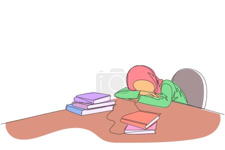 Continuous one line drawing Arabian woman asleep at table where there were piles of books. Tired after successfully finish favorite reading book. Reading. Single line draw design vector illustration