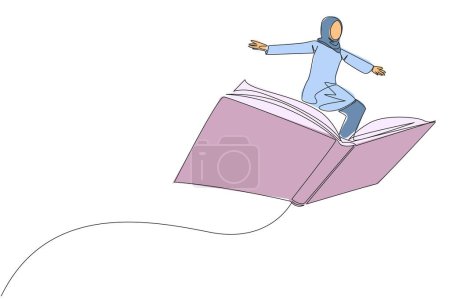 Single continuous line drawing Arabian woman standing on large flying open book. Like riding a cloud, able to fly as high as possible. Reading increase insight. One line design vector illustration