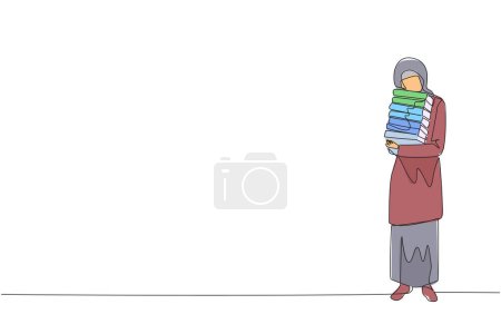 Ligne unique dessin continu femme arabe debout étreignant quelques livres. Livre préféré qui finit la lecture. Certains livres seront donnés à la bibliothèque nationale. La charité. La connaissance. Un vecteur de conception de ligne