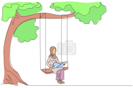 Single continuous line drawing Arabian woman sitting on swing under shady tree reading book. High enthusiasm for reading. Read anywhere. Reading increases insight. One line design vector illustration