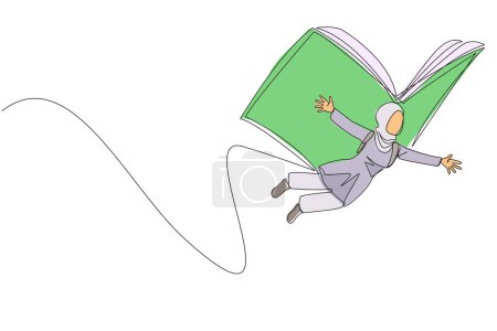 Continu une ligne dessin femme arabe volant avec des ailes qui viennent de grand livre ouvert. La métaphore emporta l'intrigue. Fantasme constructif. Illustration vectorielle de dessin à ligne unique