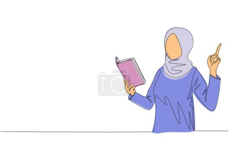 Single one line drawing Arab woman standing reading book. Gesture gets idea. Book can see from different points of view. Brilliant idea from reading book. Continuous line design graphic illustration