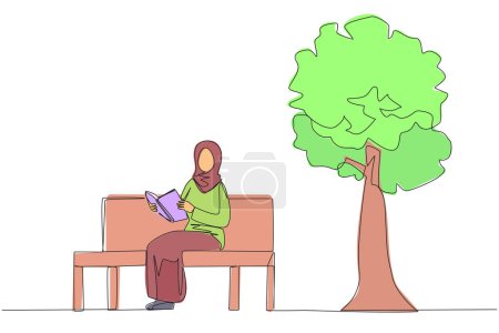 Une seule ligne dessin Arabe femme assise sur le banc du parc livre de lecture. Apprenez en relisant le manuel. Lire pour obtenir le maximum de points. Lecture augmenter la perspicacité. Illustration graphique en ligne continue