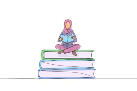 Single one line drawing Arab woman sitting cross-legged on pile of large books. Read comic. Read textbook. Read scientific journal. Read increase insight. Continuous line design graphic illustration
