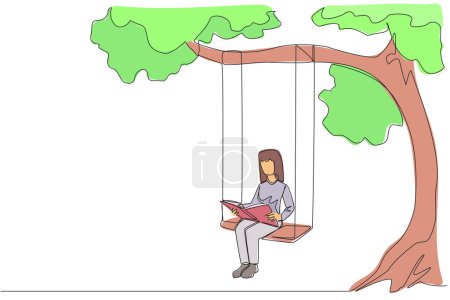 Single continuous line drawing woman sitting on a swing under a shady tree reading a book. High enthusiasm for reading. Read anywhere. Reading increases insight. One line design vector illustration