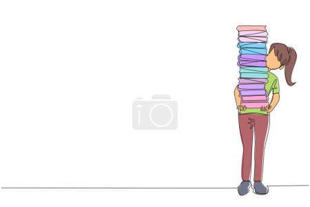 Einzeilige Zeichnung einer Frau, die einen hohen Stapel Bücher bei sich trägt. Neu erworbenes Buch im Buchladen. Lesen Sie Bücher einzeln zu Hause. Liebeserklärung. Durchgehende Liniengestaltung grafische Illustration