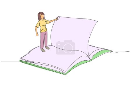 Continuous one line drawing woman standing over open ledger turning the page. Read slowly to understand the contents of each page. Reading increase insight. Single line draw design vector illustration