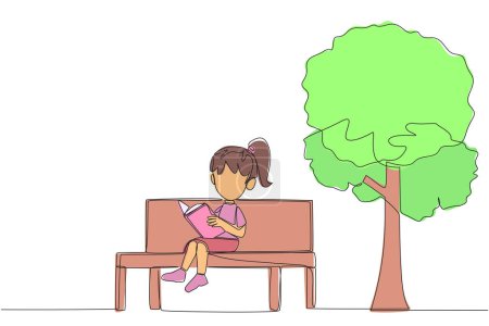 Eine durchgehende Linie zeichnet ein Mädchen, das auf einer Parkbank in der Schule sitzt und Buch liest. Lernen durch Wiederlesen von Lehrbüchern. Lesen, um maximale Noten zu bekommen. Lesen steigert die Einsicht. Illustration eines Linien-Designvektors