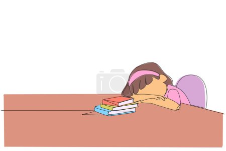 Una sola línea dibujando chica dormida en la mesa donde había montones de libros. Cansado después de terminar con éxito el libro de lectura favorito. El amor lee. Ilustración gráfica de diseño de línea continua