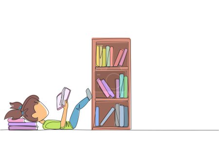 Einzeiliges Mädchen, das auf dem Rücken liegend ein Buch über Belletristik in der Nähe eines Bücherregals liest. Lesen Sie langsam, um die Handlung zu genießen. Hobby-Lesen. Sehr gute Gewohnheit. Durchgehende Liniengestaltung grafische Illustration