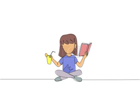 Single continuous line drawing girl sitting cross-legged reading book. Accompanied by glass of orange juice to make reading more interesting. Knowledge. Freshness. One line design vector illustration