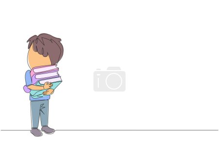 Illustration for Single continuous line drawing boy standing hugging some books. Favorite book that finish reading. Some books will be donated to the national library. Charity. Knowledge. One line vector illustration - Royalty Free Image