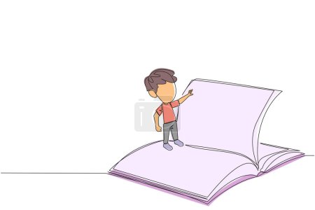 Illustration for Single one line drawing boy standing over open ledger turning the pages. Read slowly to understand the contents of each page. Reading increases insight. Continuous line design graphic illustration - Royalty Free Image