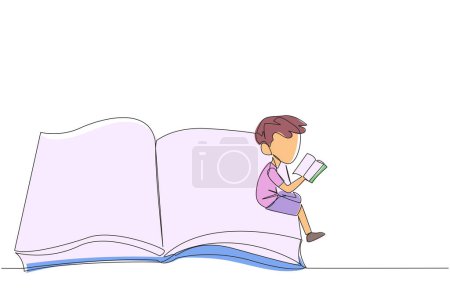 Eine einzige Zeile zeichnet einen ernsten Jungen, der am Rand eines großen aufgeschlagenen Buches sitzt. Lernen, bevor die Prüfungszeit kommt. Lehrbücher mit Schwerpunkt lesen. Lesen macht Spaß. Durchgehende Liniengestaltung grafische Illustration