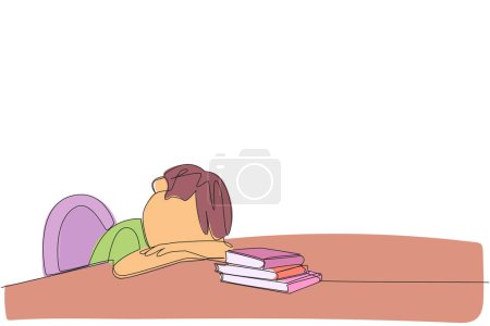 Una sola línea continua dibujando niño dormido en la mesa donde había montones de libros. Cansado después de terminar con éxito el libro de lectura favorito. El amor lee. Ilustración vectorial de diseño de una línea