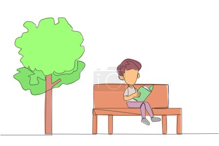 Continuous one line drawing boy sitting on school park bench reading book. Learn by rereading textbook. Read to get maximum marks. Reading increase insight. Single line draw design vector illustration