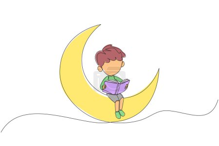 Dibujo continuo de una línea niño sentado en la luna creciente leyendo un libro. Metáfora de leer un cuento de hadas antes de dormir. Lee hasta tarde. Me encanta leer. Ilustración vectorial de diseño de línea única