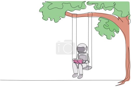 Single one line drawing astronaut sitting on a swing attached to a tree shady reading a book. Really enjoyed the storyline of the fiction book. Makes relax. Continuous line design graphic illustration