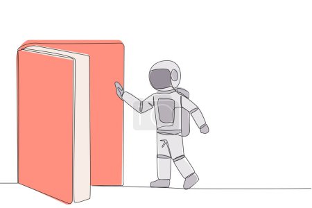 Téléchargez les illustrations : Une seule ligne dessinant astronaute ouvrir la porte en forme de livre. Livre peut ouvrir l'esprit et voir partout. Mieux connaître le monde en général. Festival du livre. Illustration graphique en ligne continue - en licence libre de droit