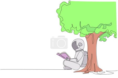Single continuous line drawing astronaut sitting reading book under shady tree. Continuing second volume of the fiction story book. Enjoy reading. Book festival. One line design vector illustration