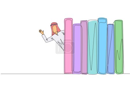 Single one line drawing Arabian man appears from behind a row of books. Invitation to read the books at the library. Like to reading a book. Book festival concept. Continuous line graphic illustration