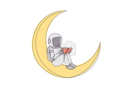 Einzeilige Zeichnung eines Astronauten, der auf einer Mondsichel sitzt und Buch liest. Vor dem Schlafengehen Geschichte lesen. Leidenschaft für das Lesen in jedem Zustand. Bücherfest. Durchgehende Liniengestaltung grafische Illustration