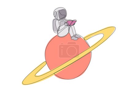 Single one line drawing astronaut sitting on the planet Saturn. Read about the natural conditions of outer space planets. Adaptation. Book festival concept. Continuous line design graphic illustration