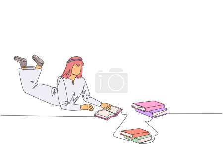 Continuous one line drawing Arabian man really likes reading. Everyday one book is read. Good habit. There is no day without reading book. Book festival concept. Single line design vector illustration