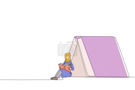 Ligne unique dessin continu femme arabe assis devant un grand livre en forme de tente. Lire des livres de fiction d'aventure dans la nature. Accro à la lecture. Festival du livre. Illustration vectorielle d'une ligne