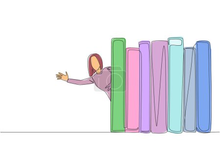 Single one line drawing a woman appears from behind a row of books. Invitation to read books at the library. Like to reading a book. Book festival concept. Continuous line design graphic illustration