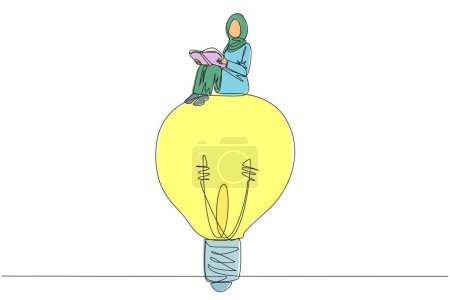 Single one line drawing Arab woman sitting on big lightbulb. Read with focus and serious. Metaphor looking for brilliant idea from scientific book. Book festival. Continuous line graphic illustration
