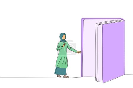 Une seule ligne dessin femme arabe ouvrir la porte en forme de livre. Livre peut ouvrir l'esprit et voir partout. Accroître les connaissances sur le monde entier. Festival du livre. Illustration graphique en ligne continue