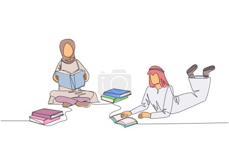Continuous one line drawing Arabian man woman really likes reading. Everyday one book is read. Good habit. There is no day without reading book. Book festival concept. Single line draw design vector