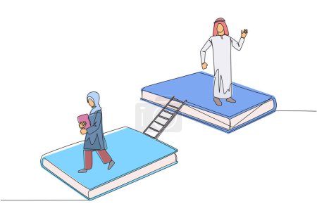 Eine einzige Zeile zeichnet eine arabische Frau, die auf Büchern läuft. Buchausstellung konzipiert. Zeigen Sie viele Bücher, wissenschaftliches Buch zu belletristischem Geschichtsbuch. Bücherfest. Durchgehende Liniengestaltung grafische Illustration