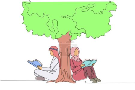 Single one line drawing Arab man woman sitting reading book under shady tree. Continuing second volume of fiction story book. Enjoy reading. Book festival. Continuous line design graphic illustration