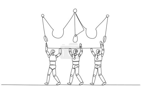 Continuous one line drawing group of robots work together to carrying crown. King in the world of technology. Artificial intelligence is developing rapidly. Single line draw design vector illustration