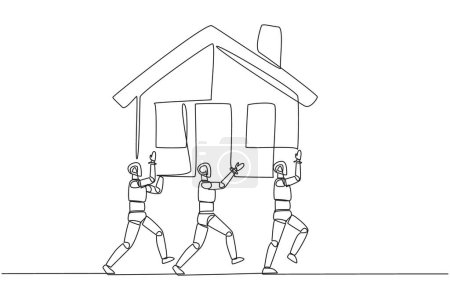 Single one line drawing group of robots work together carrying a miniature house. Architect robot. Design and build a house. Double profit. Technology. Continuous line design graphic illustration