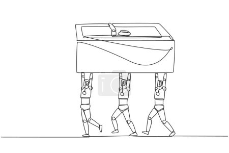 Una línea continua dibuja un grupo de robots que trabajan juntos llevando caja de seguridad. Participa en asegurar cosas importantes. Robots de seguridad. Tecnología. Ilustración vectorial de diseño de línea única