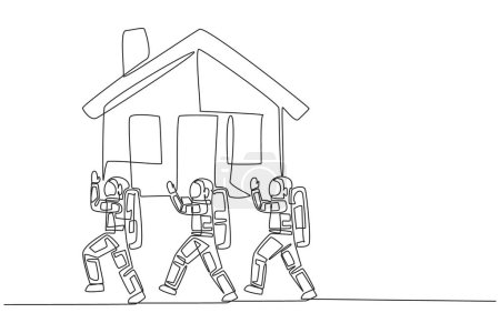 Single one line drawing group of astronauts work together carrying a miniature house. Investment in home property. Very profitable in the future. Cosmonaut. Continuous line design graphic illustration