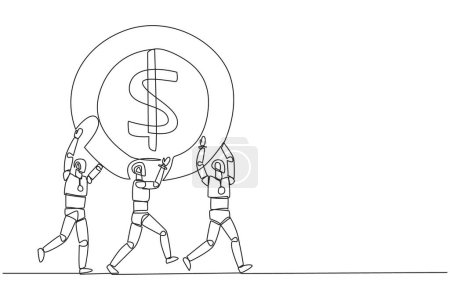 Single one line drawing group of robots work together carrying a dollar symbol coin. Add little capital to makes perfect. Amazing artificial intelligence. Continuous line design graphic illustration