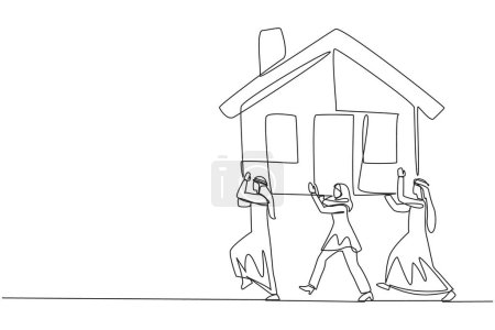 Single one line drawing group of Arab businessmen and Arab businesswomen work together carry miniature house. Profitable property investment in the future. Continuous line design graphic illustration