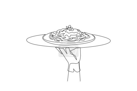 In einer durchgehenden Linie hält der Kellner ein Tablett mit Spaghetti in der Hand. Eine Nudelsorte, die lang, dünn und wie Nudeln ist. Typisch italienisches Essen. Illustration eines Linien-Designvektors