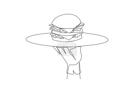 Einzeiliger Kellner, der ein Tablett mit Burger hält. Fast food. Wie ein Sandwich. Das Brot enthält Fleischstücke, Salat, Tomaten und Zwiebeln. Durchgehende Liniengestaltung grafische Illustration