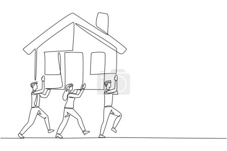 Single continuous line drawing a group of businessmen and businesswomen work together carrying a miniature house. Investment. Secure property prices before rise. One line design vector illustration