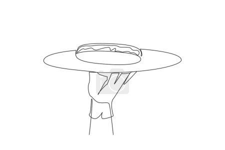 Single continuous line drawing the waiter holds food tray serving hot dog. Dish consisting of a grilled, steamed, or boiled sausage. American fast food. Junk food. One line design vector illustration
