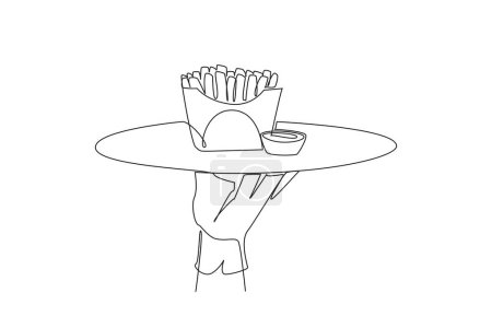 Single one line drawing the waiter holds a food tray serving french fries. A dish made from shredded potatoes. Snack. Complementary food to the main menu. Continuous line design graphic illustration