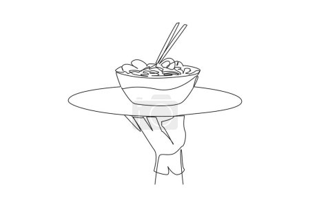 Continuous one line drawing waiter holding food tray serving noodles. Food with several toppings. Eggs, meat, vegetables. Delicious. Chopsticks. Thai food. Single line draw design vector illustration