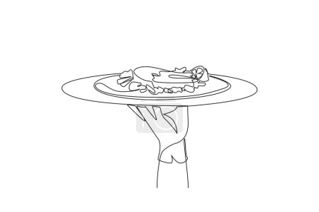 Single continuous line drawing waiter holds food tray serving baked salmon. Healthy fillet meat. Contains lots of nutrients. High in protein. Healthy food for body. One line design vector illustration